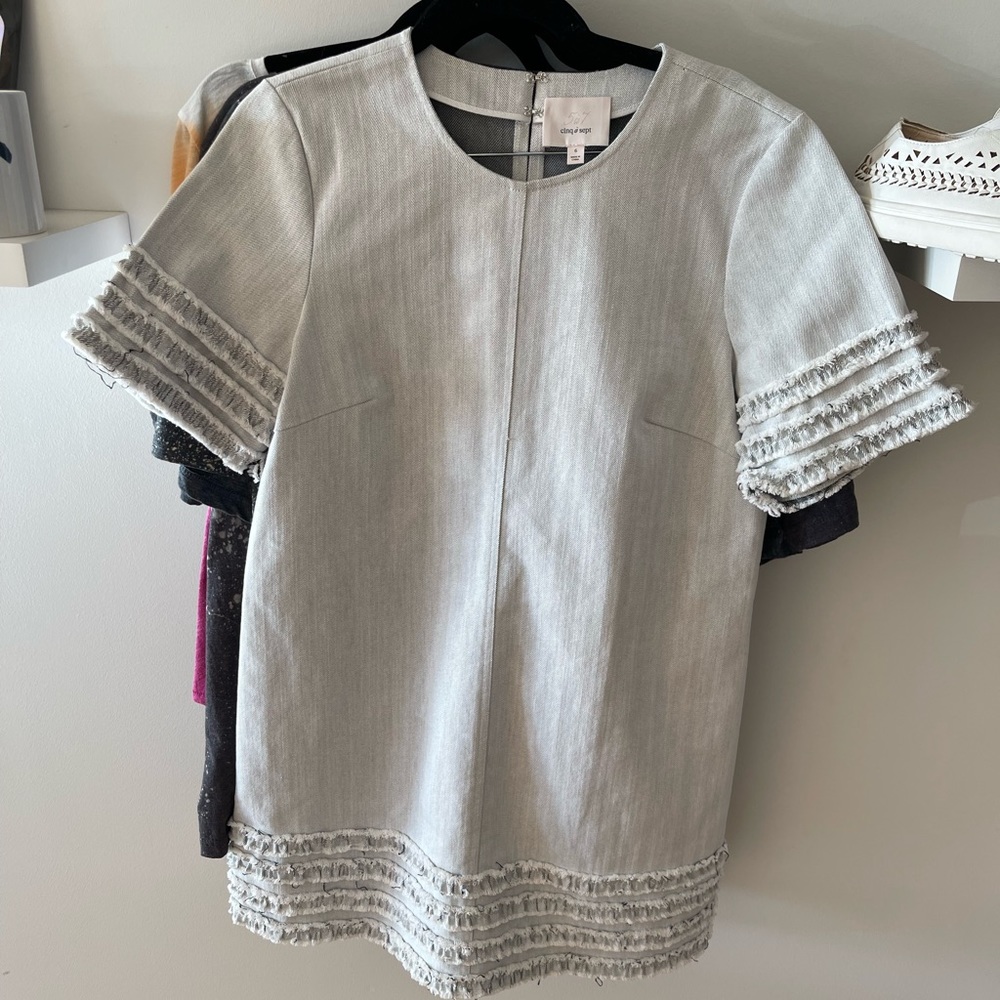 cinq a sept Light Wash Denim Short Sleeve Fringe Trim Dress